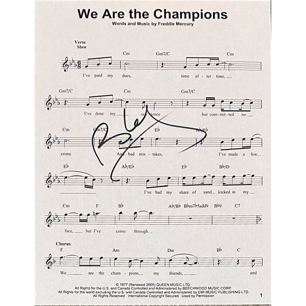 Brian May Autographed Queen Sheet Music