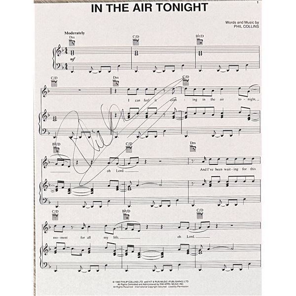 Phil Collins Autographed In the Air Tonight Sheet Music