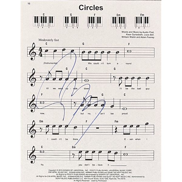 Post Malone Autographed Sheet Music Circles