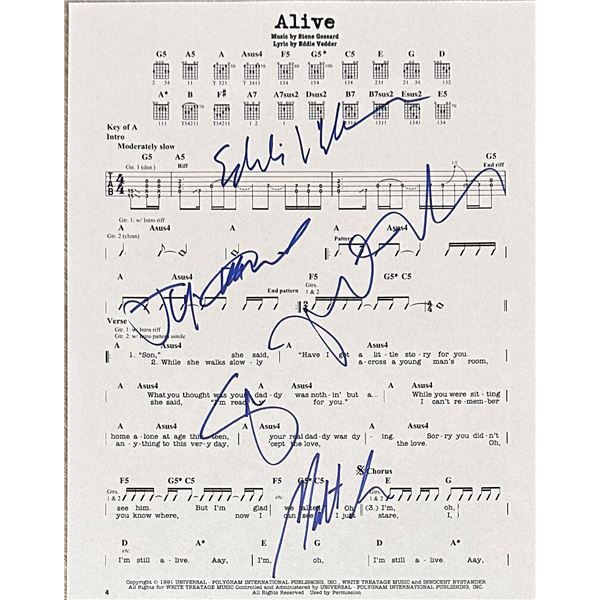 Pearl Jam Alive Autographed Sheet Music All 5