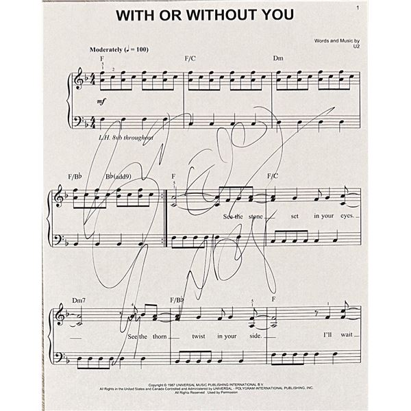 U2 Autographed Sheet Music ALL 4