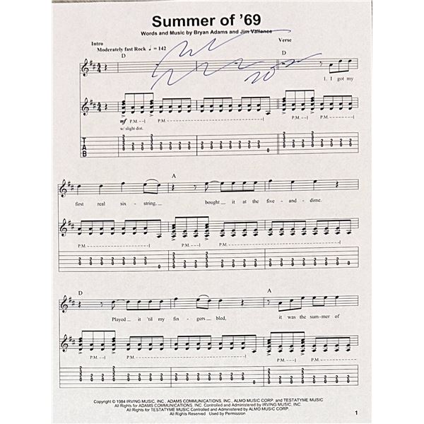 Bryan Adams Autographed Sheet Music