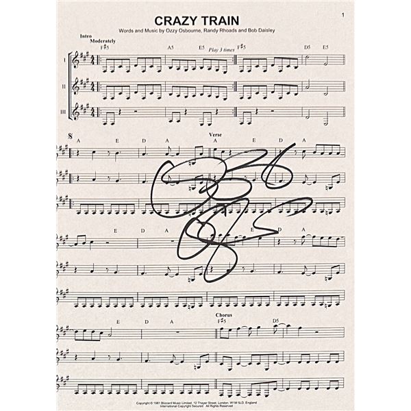 Ozzy Crazy Train Autographed Sheet Music