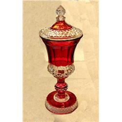 * Antique Ruby/Clear Candy Dish w/Lid (Lid Cracked)