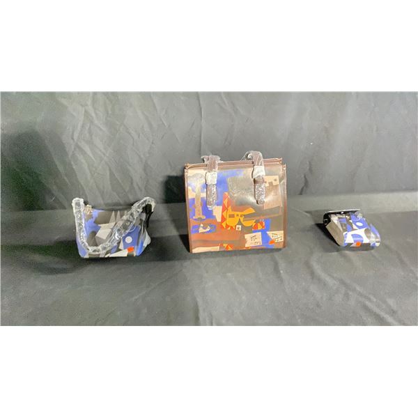 3 LEATHER PURSES INCLUDING BROWN MUSIC MOTIF, BLUE ABSTRACT BABY HOBO AND ABSTRACT CELL PHONE CRO...