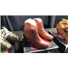 Image 3 : SIZE 7 1930'S GOLF SHOES, RUSSIAN RED STACKED HEEL ANKLE BOOTS, JAPANESE SCREEN SUEDE HEELED BOOTS