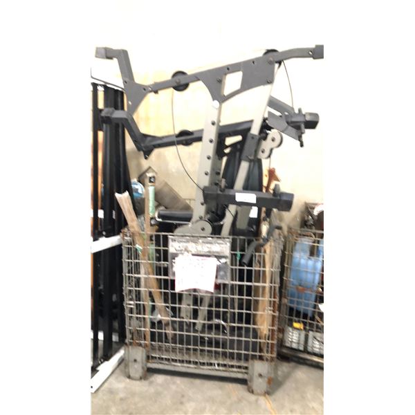 WIRE CRATE INCL FITNESS EQUIPMENT, CENTER RUG, TRAMPOLINE AND MORE - MUST TAKE ALL