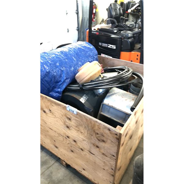 WOODEN CRATE INCLUDES INDUSTRIAL CENTRIFUGAL FANS, MOTORS, HEAVY DUTY HEATERS, BLUE TARP AND MORE