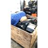 Image 1 : WOODEN CRATE INCLUDES INDUSTRIAL CENTRIFUGAL FANS, MOTORS, HEAVY DUTY HEATERS, BLUE TARP AND MORE