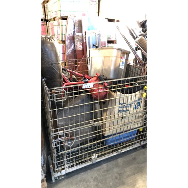 WIRE CRATE INCLUDING WORK LIGHTS, LINEAR AIR PUMP, PROPANE HEATER, EXTENSION CABLES, CAMPING CHAIRS,