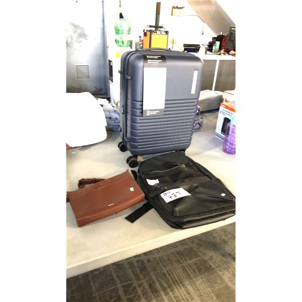 NAVY BLUE BUGATTI CARRY-ON LUGGAGE, BROWN FOSSIL HAND BAG AND BLACK BUFFALO DAVID BITTON