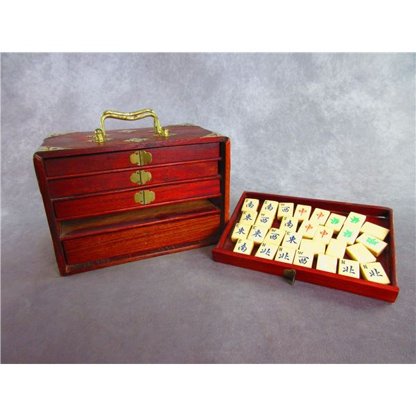 Mahjong Set With Bone And Teak Tiles With Dovetailed Case- Handle Missing- 4 Tiles Missing- 9.5" X 6