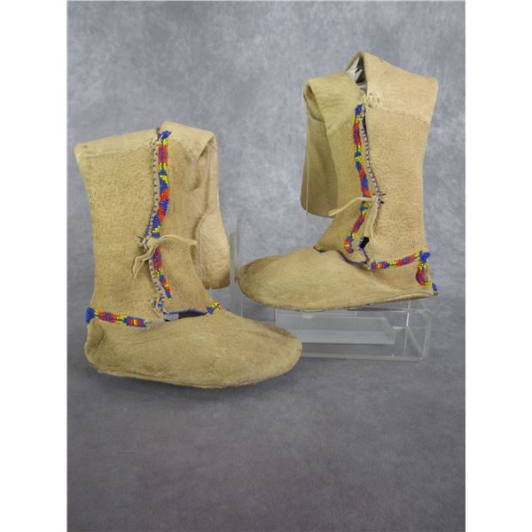 Early Beaded Kiowa Deerskin Hightop Kids Moccasins 13"H X 6"- Handstitched- Brain Tanned
