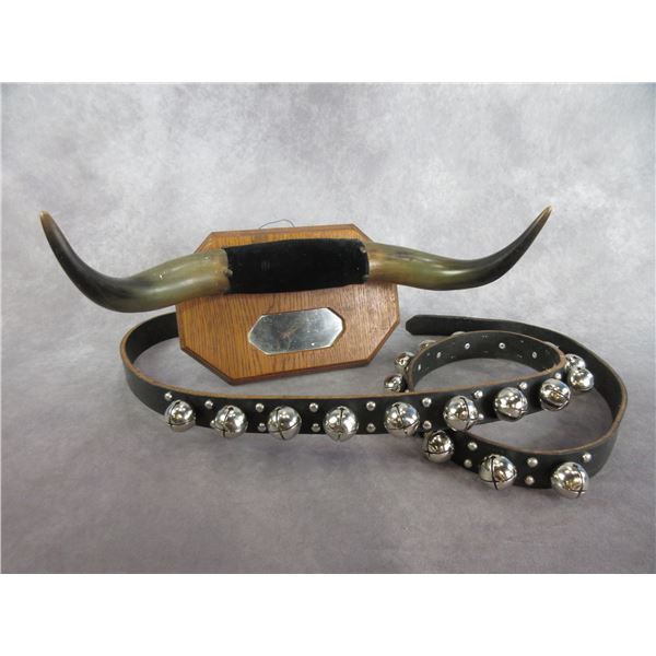 Twenty 1.25" Sleigh Bells With 6' X 1.5" Strap- New Antique Horn Mirror- 18" Horns