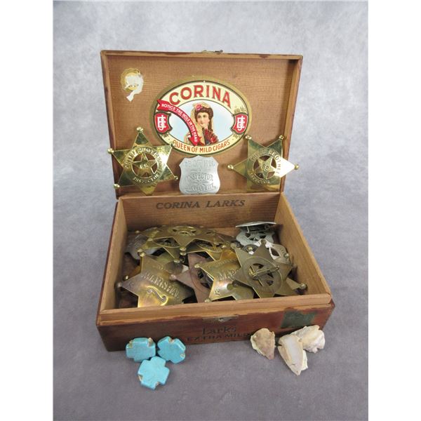 Corina Cigar Box Full Of Reproduction Badges, Flint Points, And Turquoise