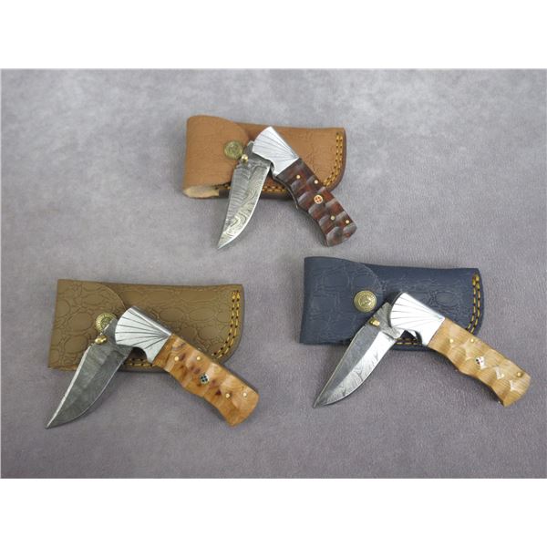 3 New Lock Blade Damascus Knives With Sheaths- 3" Blades
