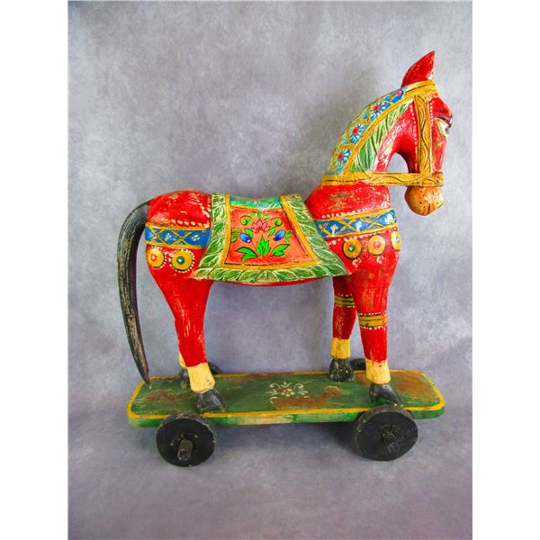 Antique Hand Carved And Hand Painted Wooden Horse On Wheels- 28"H X 24"