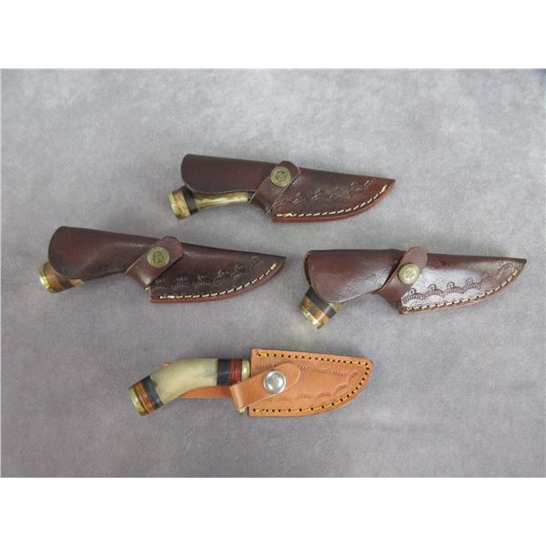 4 New Damascus Knives With Sheaths- 3" Blades- 3" Rams Horn Handles