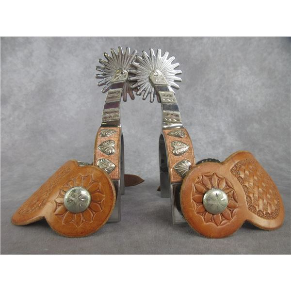 Marked Crockett Silver And Copper Overlaid Stainless Heart Pattern Spurs- 1" Bands- 2.5" Shanks- 2.2