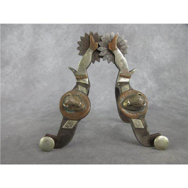 Marked Hall Silver And Brass Overlaid Buffalo Lady Leg Spurs- 1.5" Bands- 2.75" Shanks- 1.75" 16 Poi