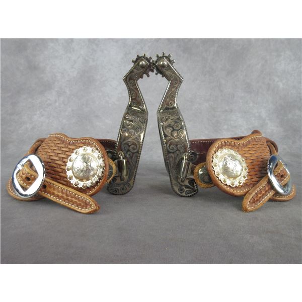 Marked E Garcia Silver Inlaid Spurs- 1.1" Bands- 2.25" Shanks- 1" 10 Point Rowels- 1.5" Conchos- Sta