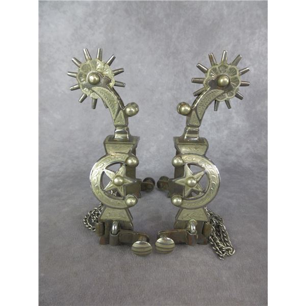 Unmarked Silver Inlaid Elko Star Pattern Spurs- 1.6" Bands- 2.5" Drop Shanks- 2" 12 Point Rowels Wit