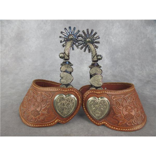 Marked Garcia Elko Nev Silver Inlaid Heart Pattern Spurs- 1" Bands- 2.4" Drop Shanks- 2" 14 Point Ro