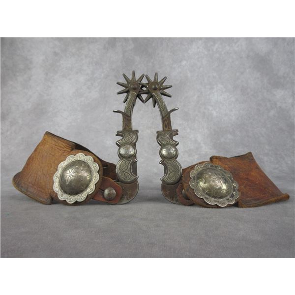 Star Marked And Hand Forged Steel Buermann Silver Inlaid Spurs- Chased Inside- 1" Bands- 2.25" Shank