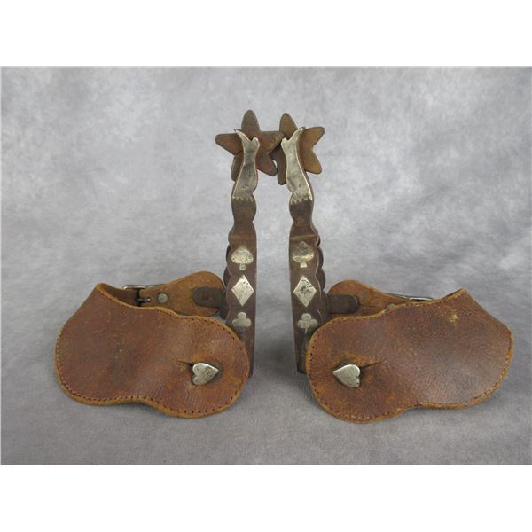 Star Marked Hand Forged  Steel Silver Overlaid Card Suit Lady Legs Spurs- .75" Bands- 2.5" Shanks- 1