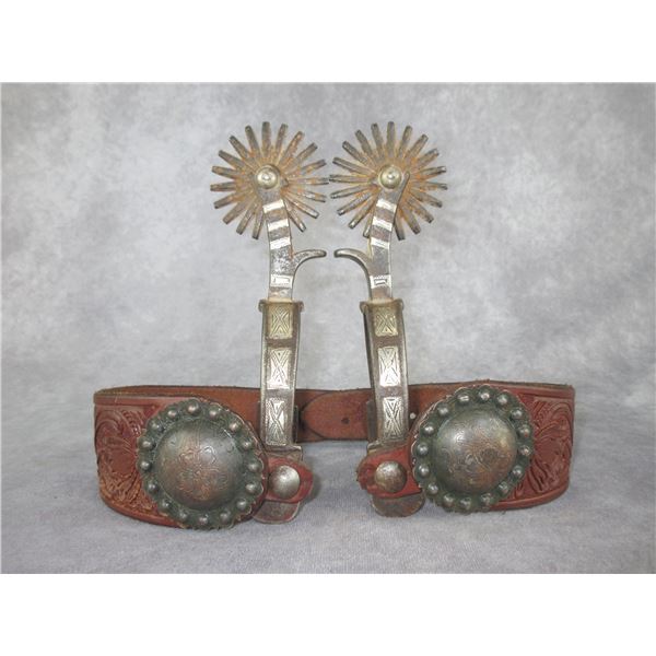 Marked GS Garcia (Weak Mark) Silver Inlaid Spurs- .75" Bands- 2.75" Shanks- 2.75" 20 Point Rowels- C