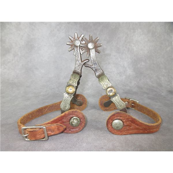 Marked CP Shipley Kan City MO Double Mounted Silver Overlaid Spurs- .6" Bands- 2.5" Engraved Shanks-