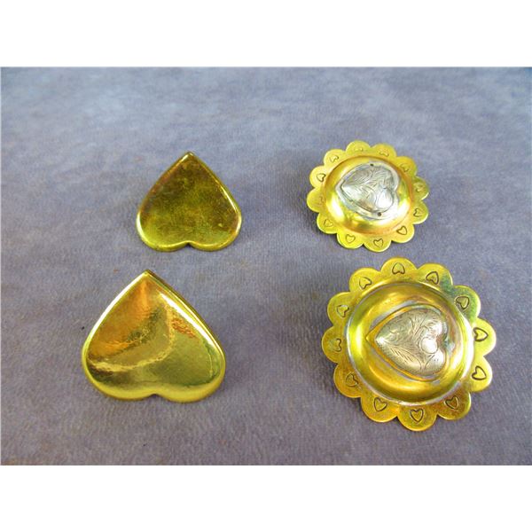 2" Loopback  Silver  And Brass Domed, Engraved, Scalloped Heart Conchos- 1.5" Brass Heart Conchos- M