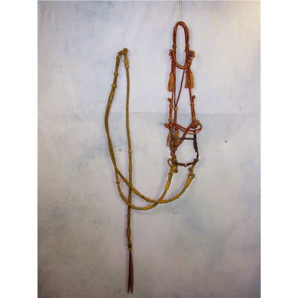 Braided Leather Browband Headstall With Tassels- Unmarked Silver Inlaid Bird Bit- Carmel Cheek- Bar 