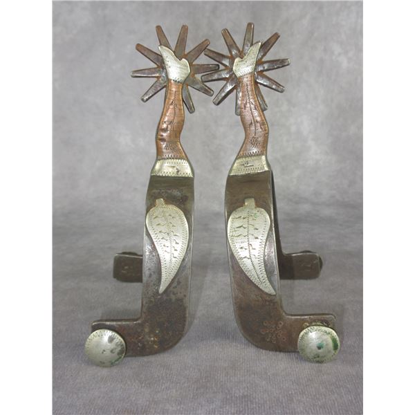 Marked With Dots Double Mounted Silver And Copper Overlaid Lady Legs Spurs- 1" Bands- 2.5" Shanks- 1