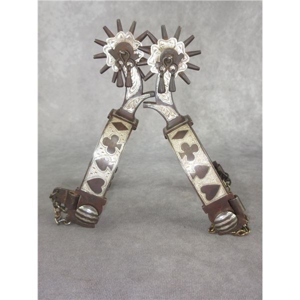 Marked E Garcia Silver Inlaid Card Suit Spurs .8" Bands- 2.25" Drop Shanks- 2" 12 Point Rowels With 