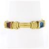 Image 1 : 18K Gold & Bezel Set Multi Color Cabochon Gemstone Scroll Grooved Link Bracelet
