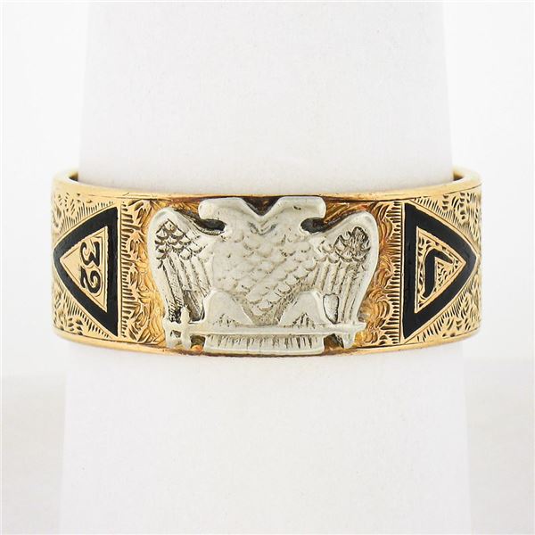 Antique Art Nouveau 14K Gold & Enamel Textured Scottish Rite Masonic Date Ring