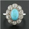 Image 2 : Antique Victorian 18k Gold Oval Cabochon Turquoise w/ Mine Cut Diamond Halo Ring