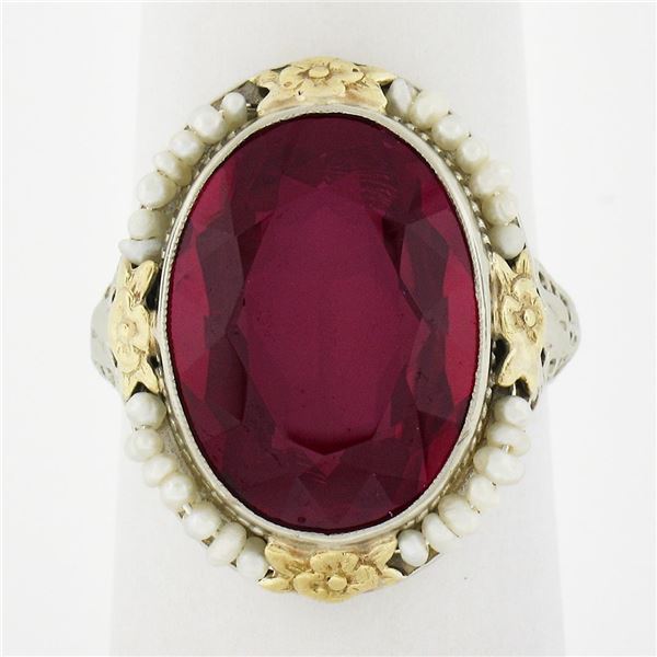 Antique Art Deco 14k Gold Oval Synthetic Ruby & Seed Pearl Floral Filigree Ring