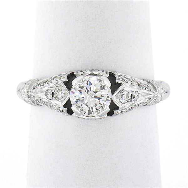 New 14k White Gold.85 ctw Round Diamond Milgrain & Wheat Engraved Engagement Rin