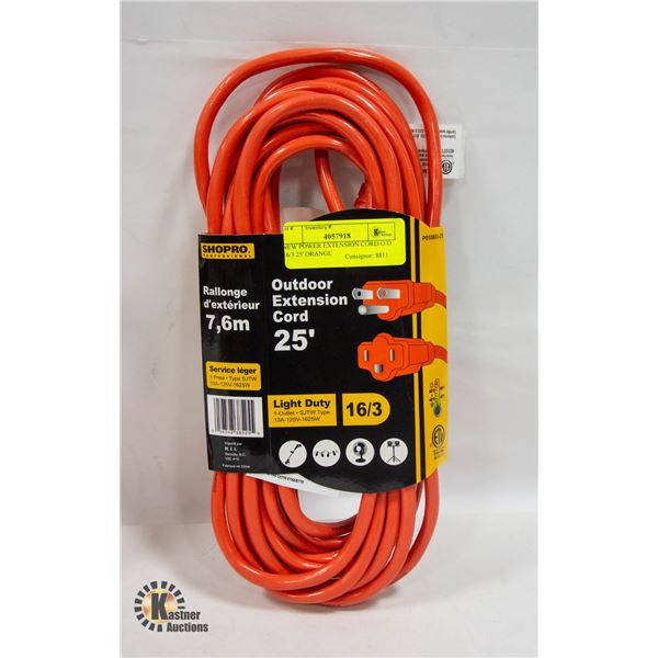 NEW POWER EXTENSION CORD O/D 16/3 25' ORANGE