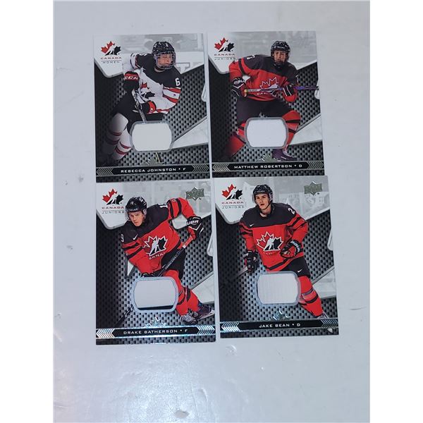 Lot of 4 Game Used Hockey Memorabilia Canada Juniors Hockey Cards - 1 Womens, 3 Mens
