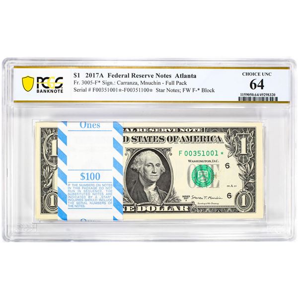 Pack of 2017A $1 Federal Reserve STAR Notes Atlanta Fr.3005-F* PCGS Choice UNC 64