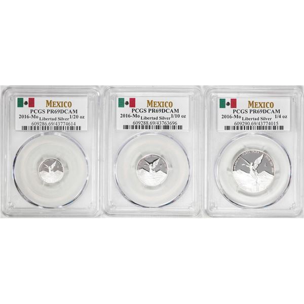 Lot of 2016-Mo Mexico Proof 1/20, 1/10 and 1/4 oz Silver Libertad Coins PCGS PR69DCAM