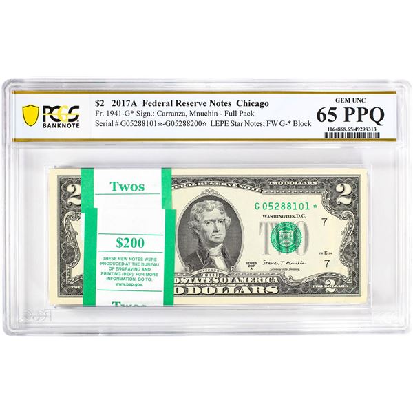 Pack of 2017A $2 Federal Reserve STAR Notes Chicago Fr.1941-G* PCGS Gem UNC 65PPQ