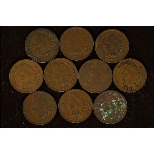 10 ASSORTED INDIAN HEAD CENTS: 1900-1907