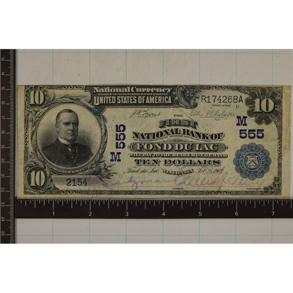 1902 US $10 NATIONAL CURRENCY FOND DU LAC BLUE
