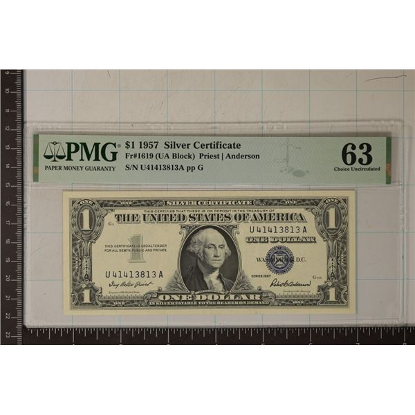 1957 US $1 SILVER CERT PMG 63 CHOICE UNC, SMALL