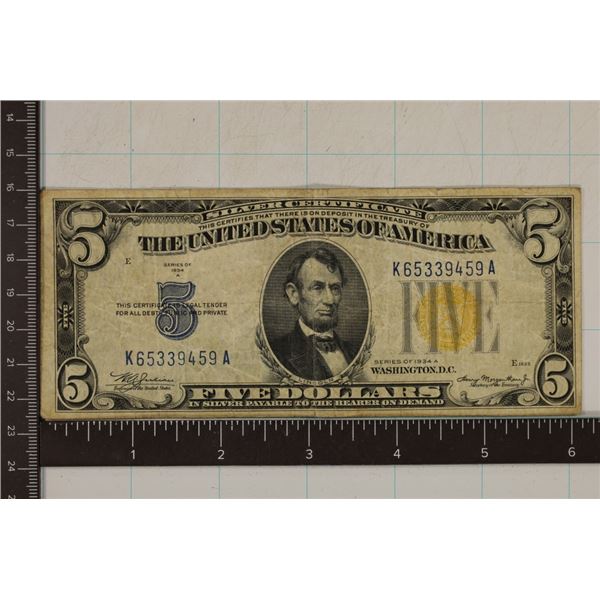 1934-A US $5 NORTH AFRICA SILVER CERT. YELLOW