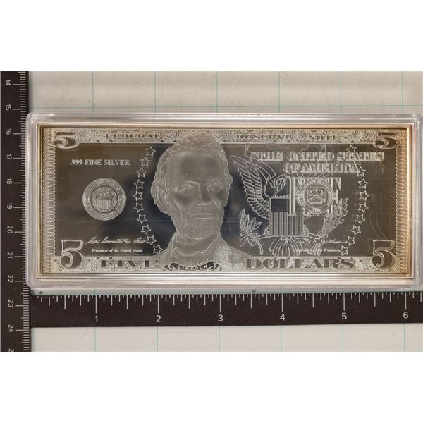 1 OZ. .999 PURE SILVER US $5 BILL INGOT WITH CERT.